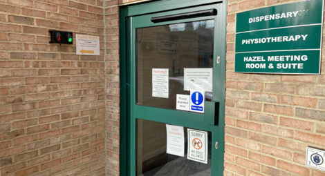 The surgery door leading to the Dispensary Physiotherapy and Hazel Meeting Room and Suite