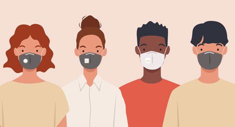 Four cartoon people wearing face coverings 