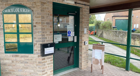 Surgery exterior door leading to reception